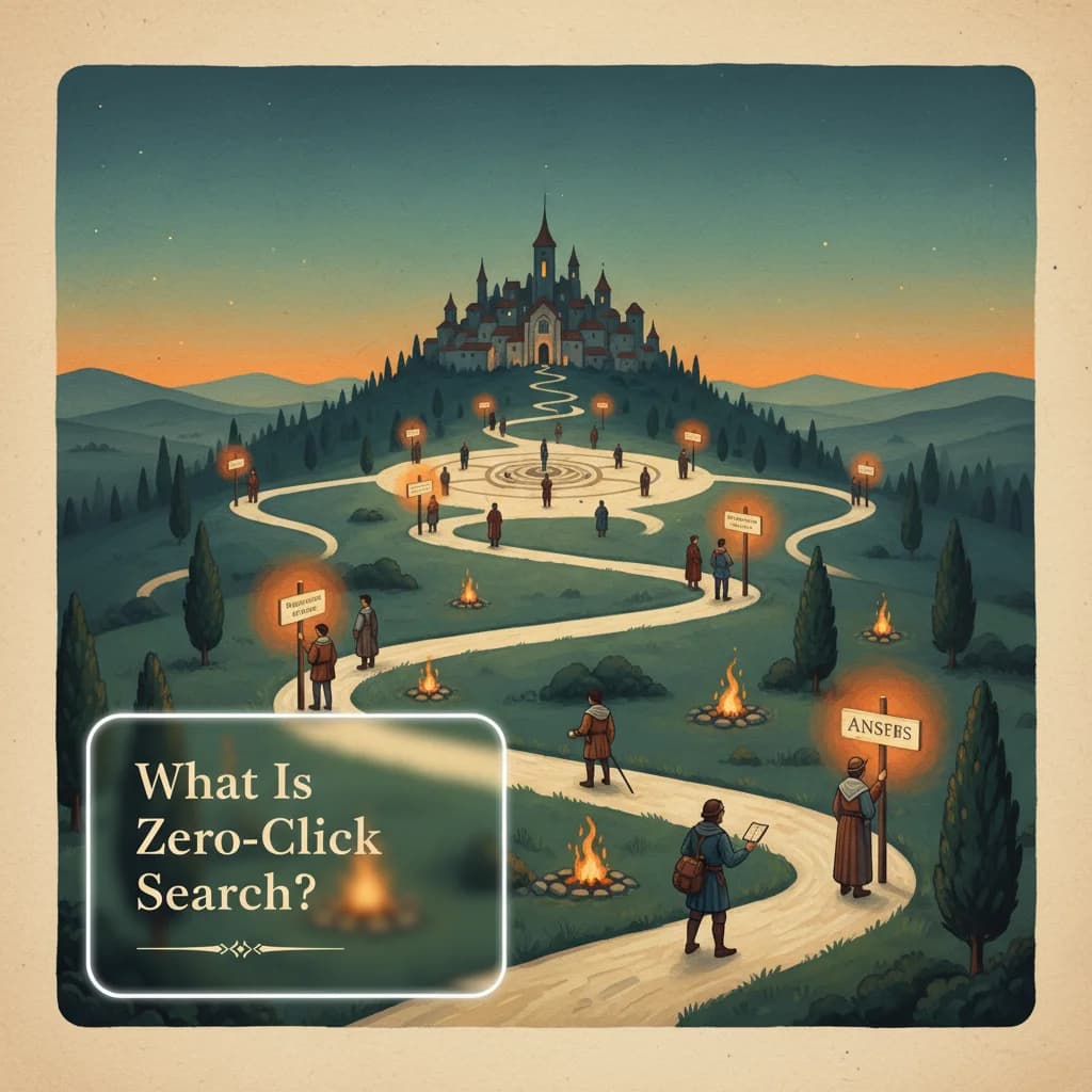 Medieval hilltop scene showing travelers stopping at glowing signposts along converging paths, reading answers without reaching the central town - representing zero-click search where users get answers before clicking through