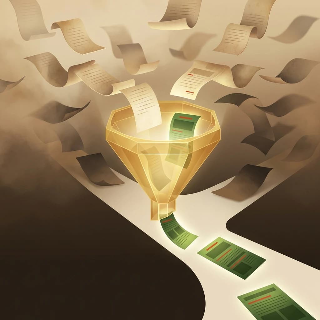 Visual metaphor of AI filtering and selecting sources through a two-stage process