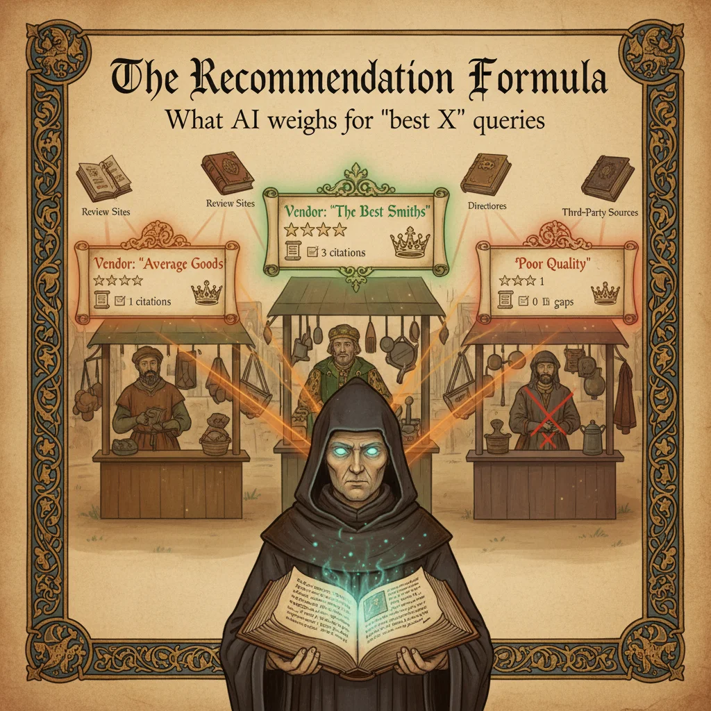 Medieval marketplace with three vendor stalls being evaluated by hooded AI oracle figure, ember-colored beams from review sites and third-party sources connecting to oracle, one stall glowing with approval