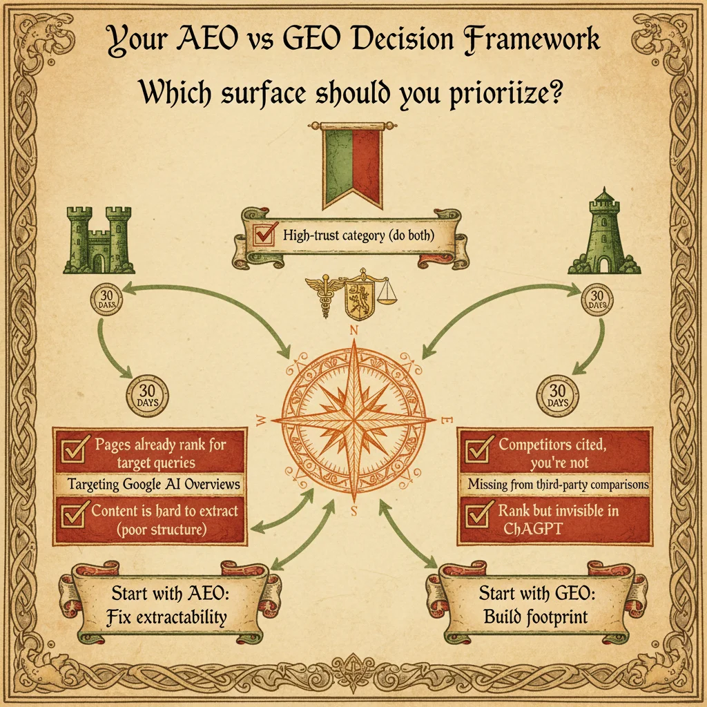 Medieval-style decision flowchart showing when to choose AEO (on-page), GEO (off-page), or both based on specific criteria