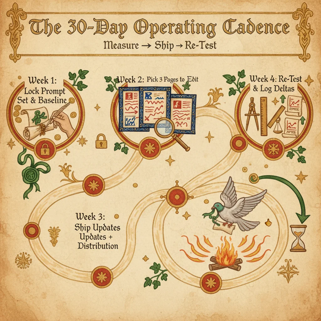 30-day operating cadence roadmap showing 4 weekly stages: Lock Prompt Set & Baseline, Pick 3 Pages to Edit, Ship Updates + Distribution, Re-Test & Log Deltas, with continuous improvement loop