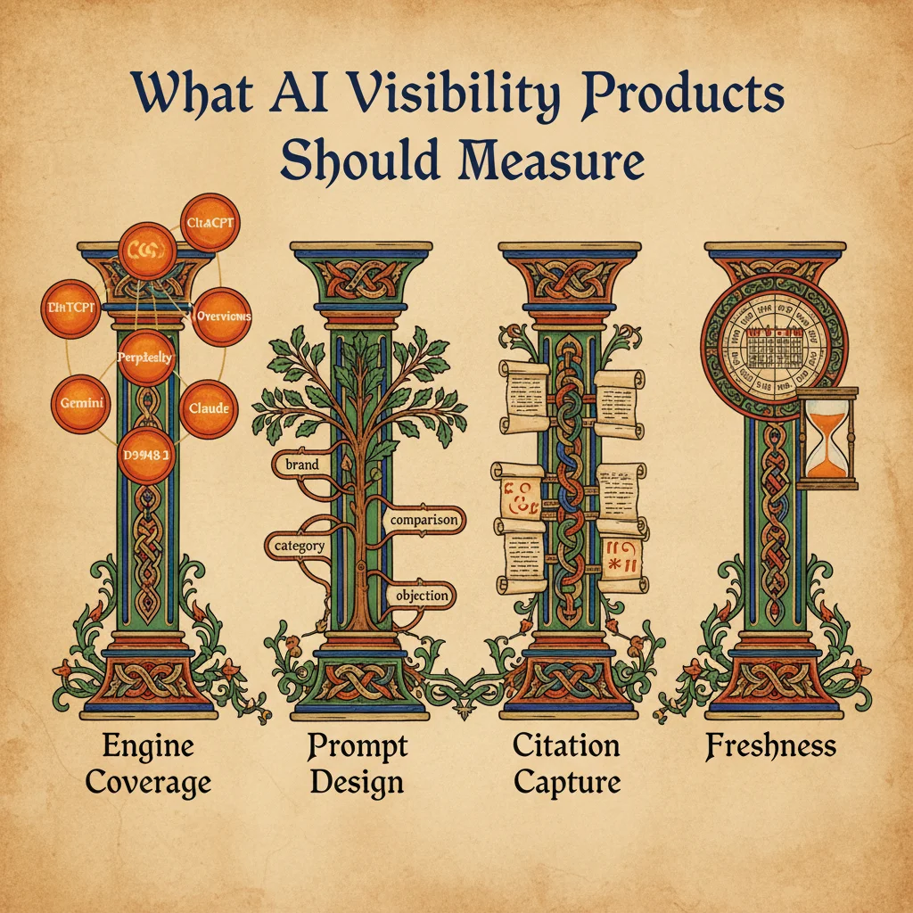 Four measurement pillars: Engine Coverage with 5 AI platforms, Prompt Design with branching categories, Citation Capture with linked scrolls, and Freshness with weekly cycles