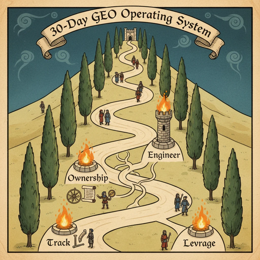 Journey illustration showing a 30-day GEO roadmap with four weekly milestones: Track, Ownership, Engineer, and Leverage, marked by signal fires along a winding path through the Scapeon landscape