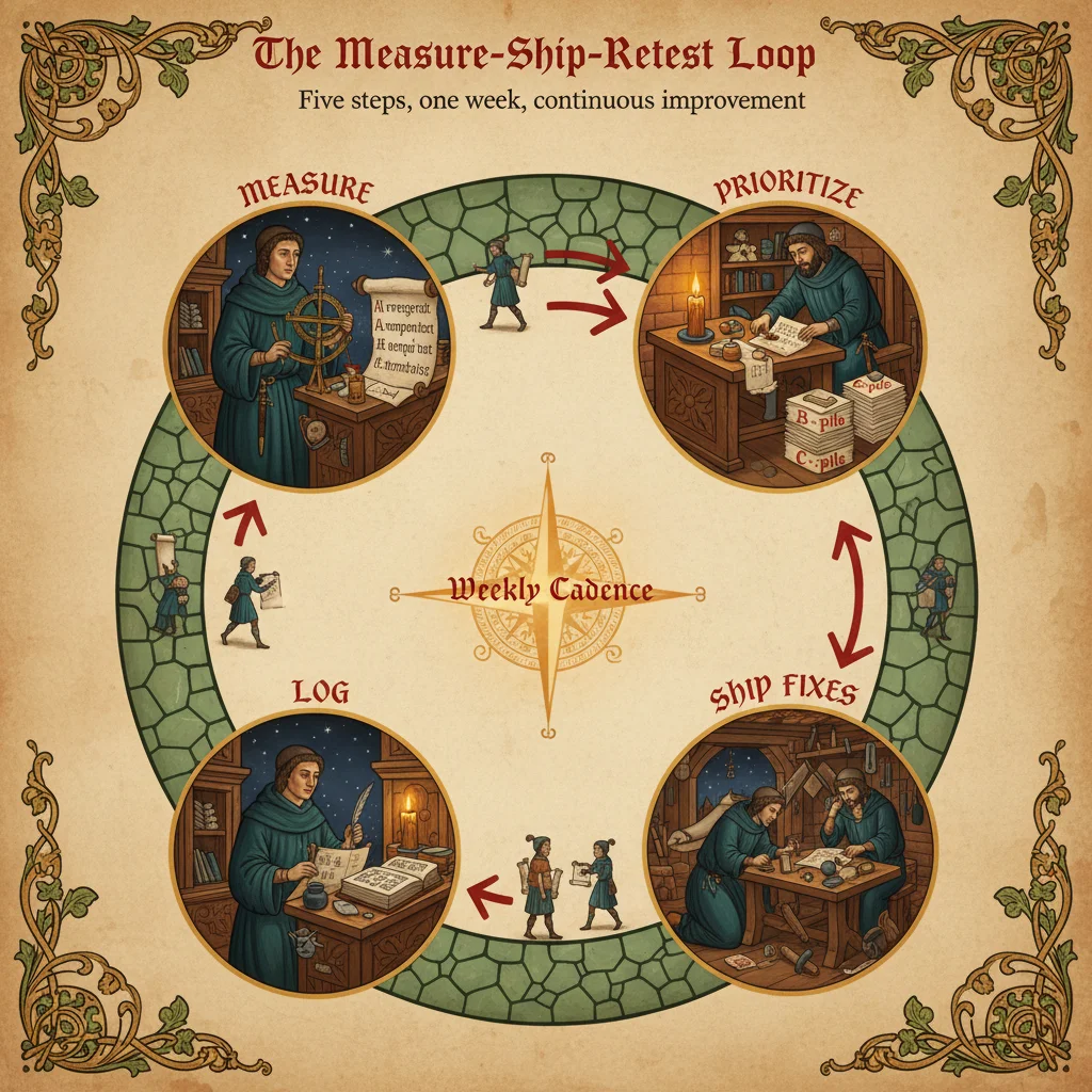The measure-ship-retest loop showing five continuous steps: measure (observe AI responses), prioritize (sort gaps), ship fixes (improve content), log (record changes), and re-test (observe again) in a weekly cadence