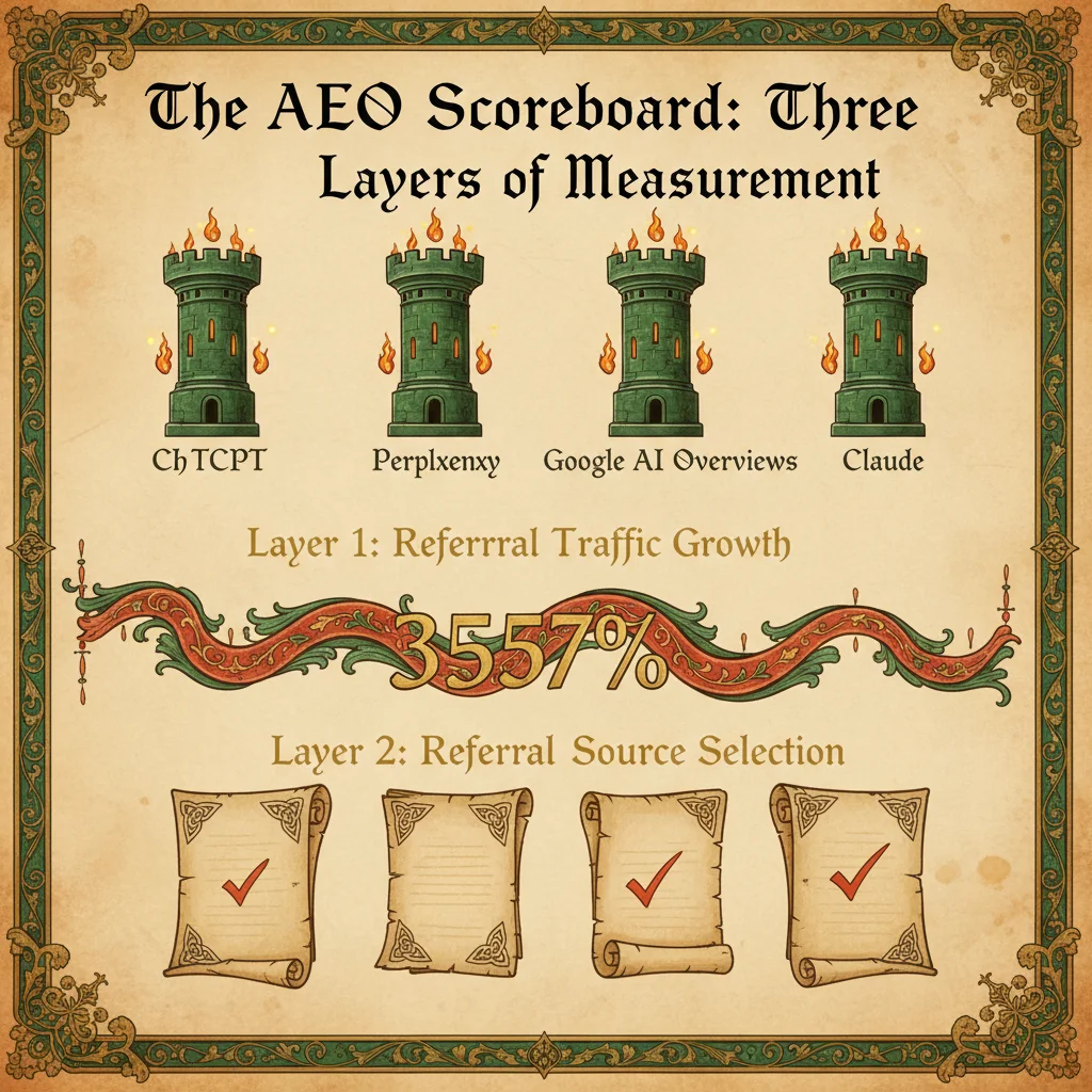 The AEO Scoreboard showing three layers of measurement: mentions by engine, referral signals, and page-level citations