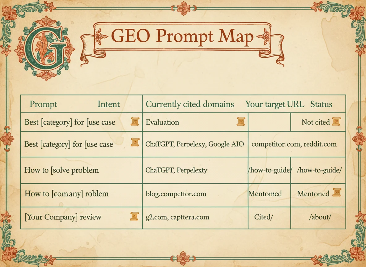 GEO prompt map template - illustrated manuscript table of prompts, intents, engines, and status