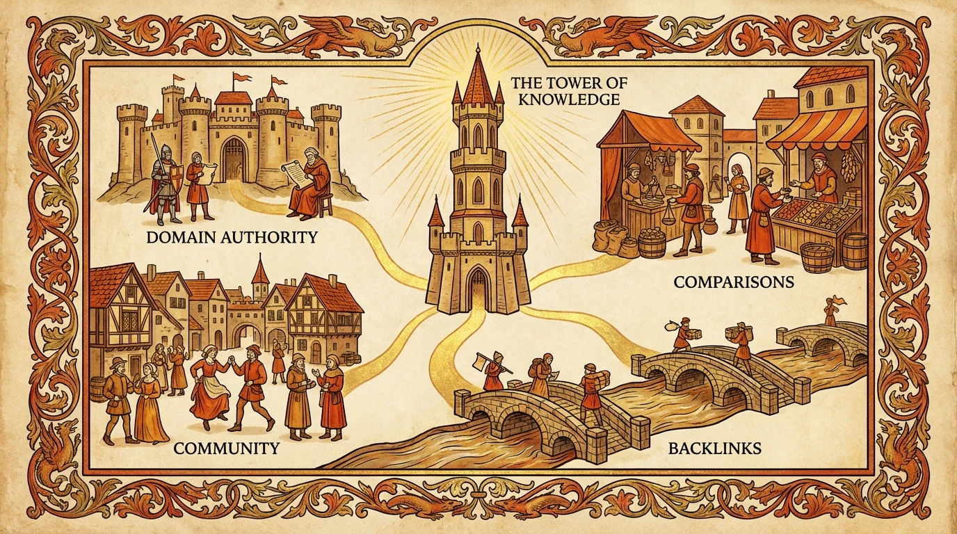 Medieval manuscript illustration showing four interconnected realms converging on a central tower