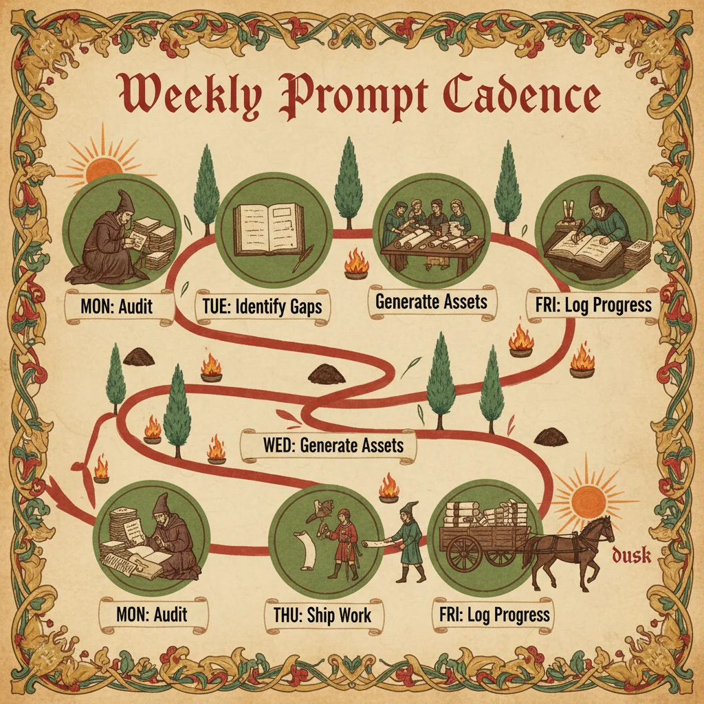 Weekly Prompt Cadence: A winding path showing Monday through Friday workflow stations in medieval manuscript style