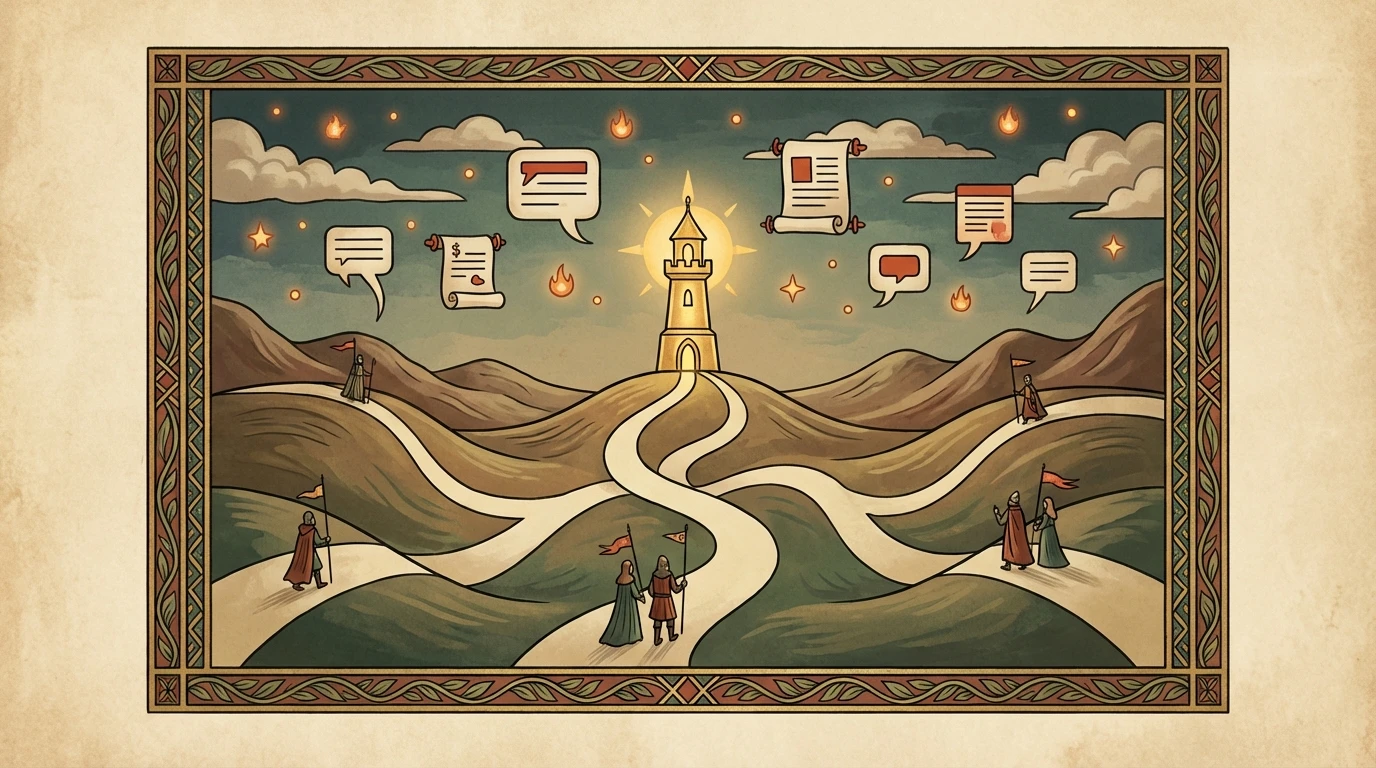 What is AI Visibility - Multiple paths converging to a central beacon with AI chat bubbles and citation symbols in the Scapeon world